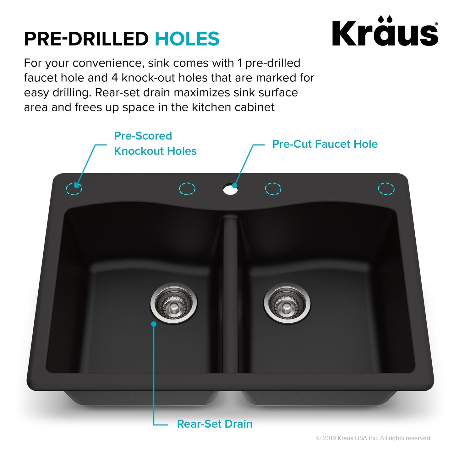 KRAUS Forteza 33" Dual Mount 50/50 Double Bowl Granite Kitchen Sink in Black - KGD-52BLACK