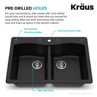 KRAUS Forteza 33" Dual Mount 50/50 Double Bowl Granite Kitchen Sink in Black - KGD-52BLACK