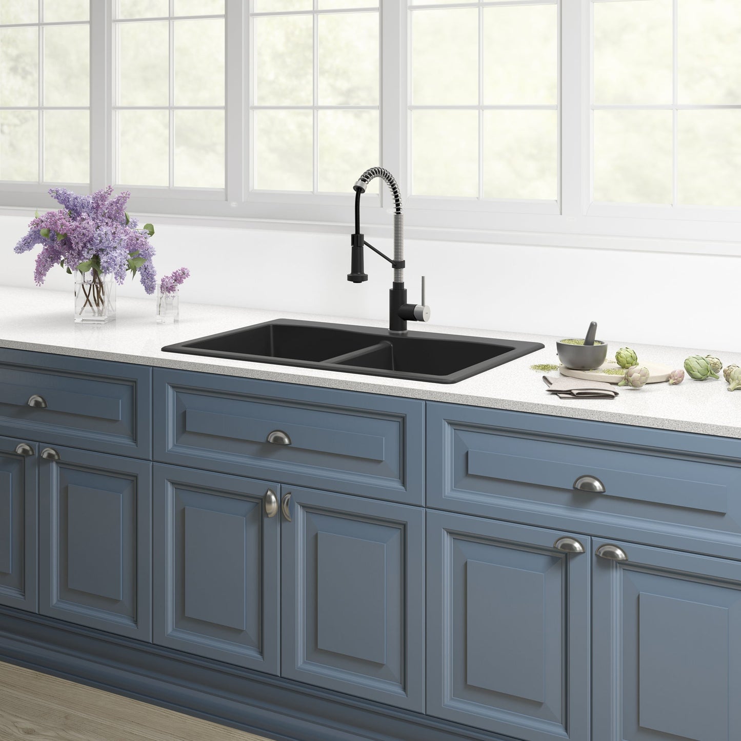 KRAUS Forteza 33" Dual Mount 50/50 Double Bowl Granite Kitchen Sink in Black - KGD-52BLACK