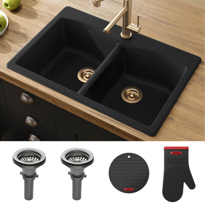 KRAUS Forteza 33" Dual Mount 50/50 Double Bowl Granite Kitchen Sink in Black - KGD-52BLACK