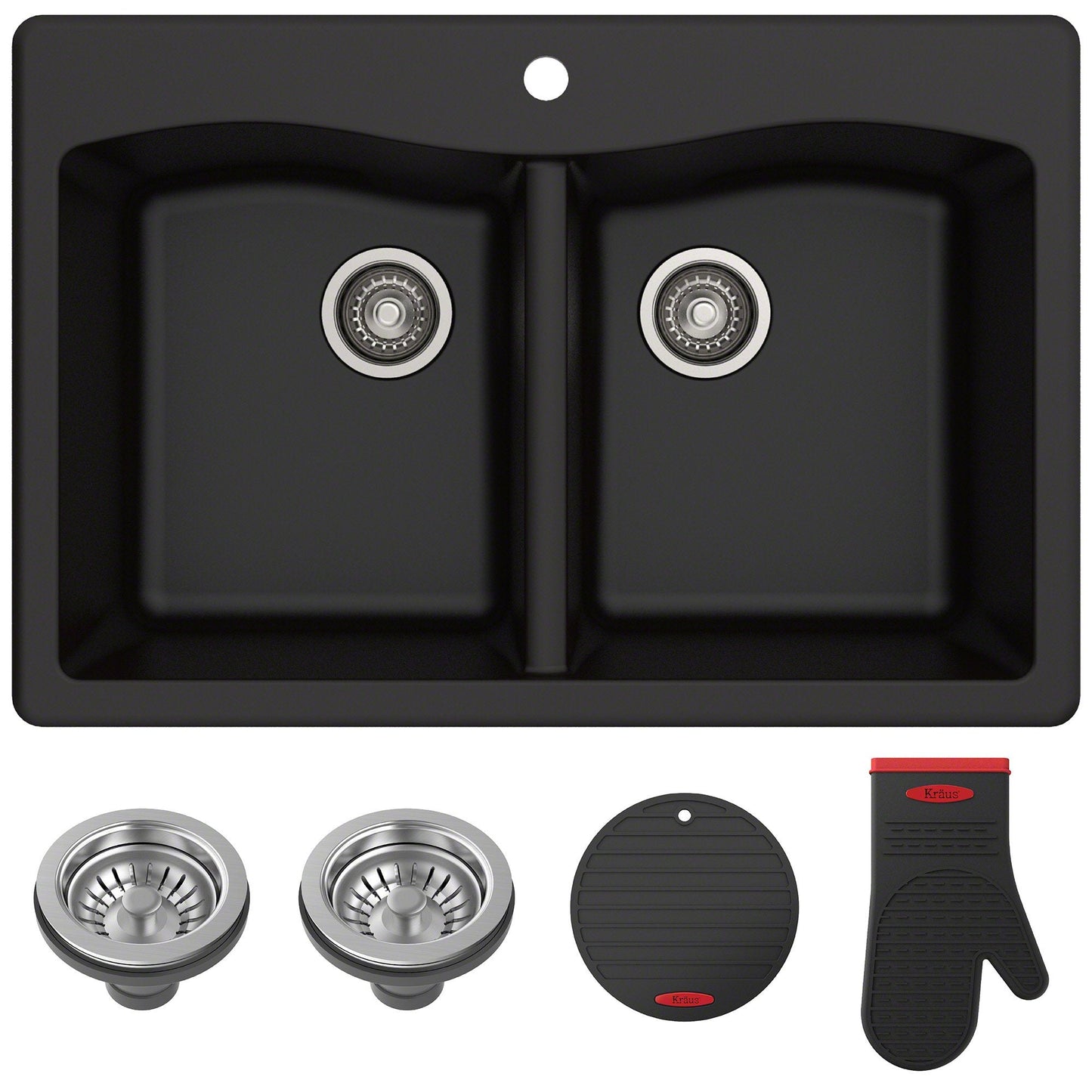 KRAUS Forteza 33" Dual Mount 50/50 Double Bowl Granite Kitchen Sink in Black - KGD-52BLACK
