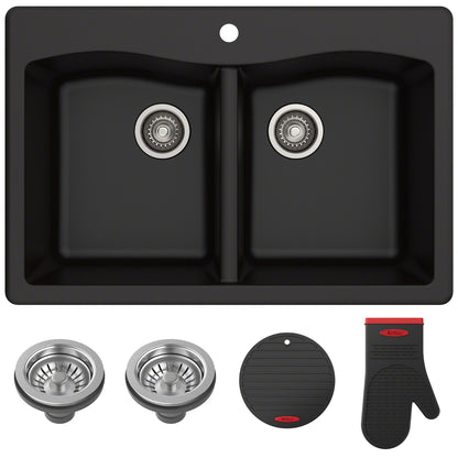KRAUS Forteza 33" Dual Mount 50/50 Double Bowl Granite Kitchen Sink in Black - KGD-52BLACK
