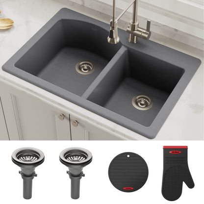 KRAUS Forteza 33" Dual Mount 50/50 Double Bowl Granite Kitchen Sink in Grey - KGD-52GREY
