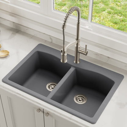 KRAUS Forteza 33" Dual Mount 50/50 Double Bowl Granite Kitchen Sink in Grey - KGD-52GREY