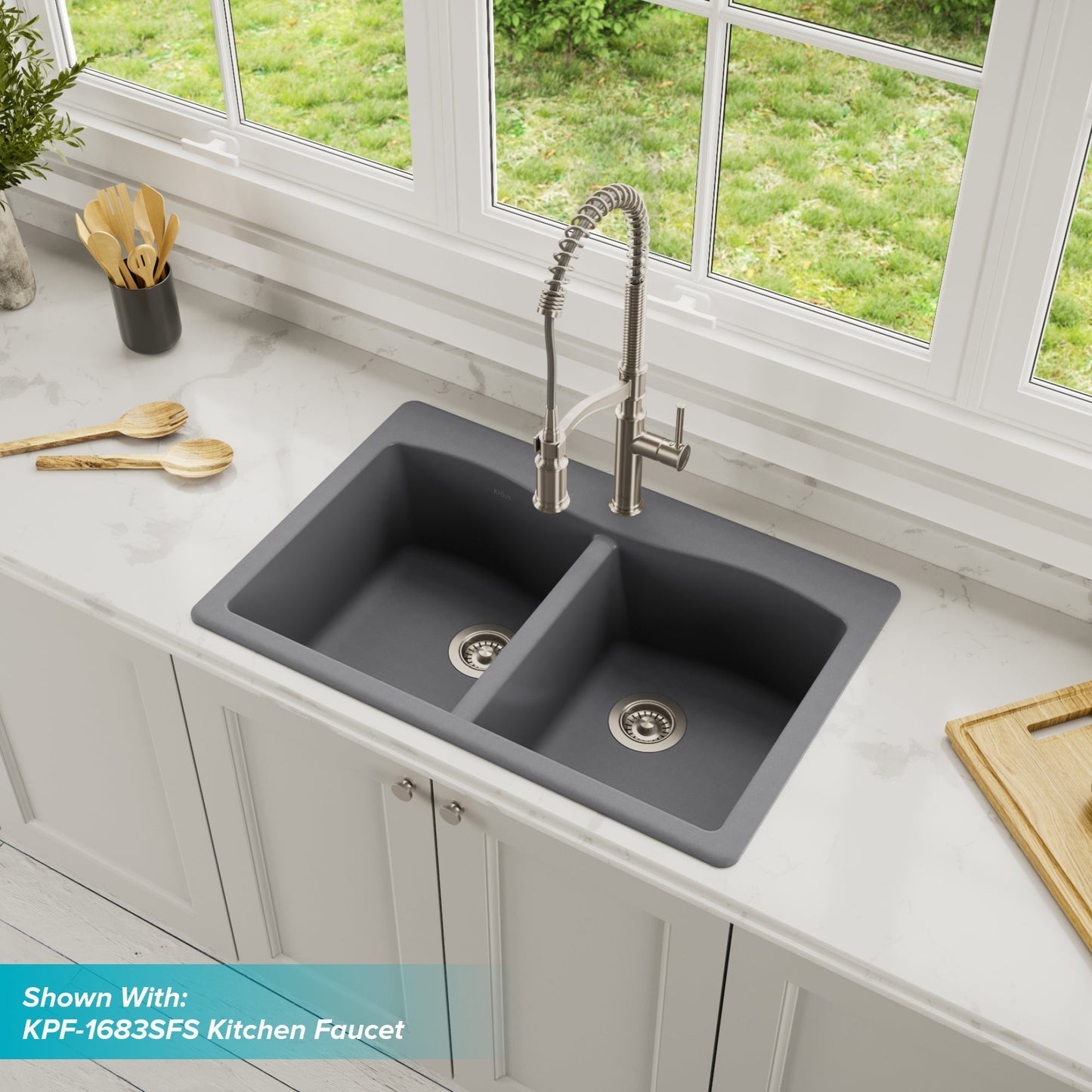 KRAUS Forteza 33" Dual Mount 50/50 Double Bowl Granite Kitchen Sink in Grey - KGD-52GREY