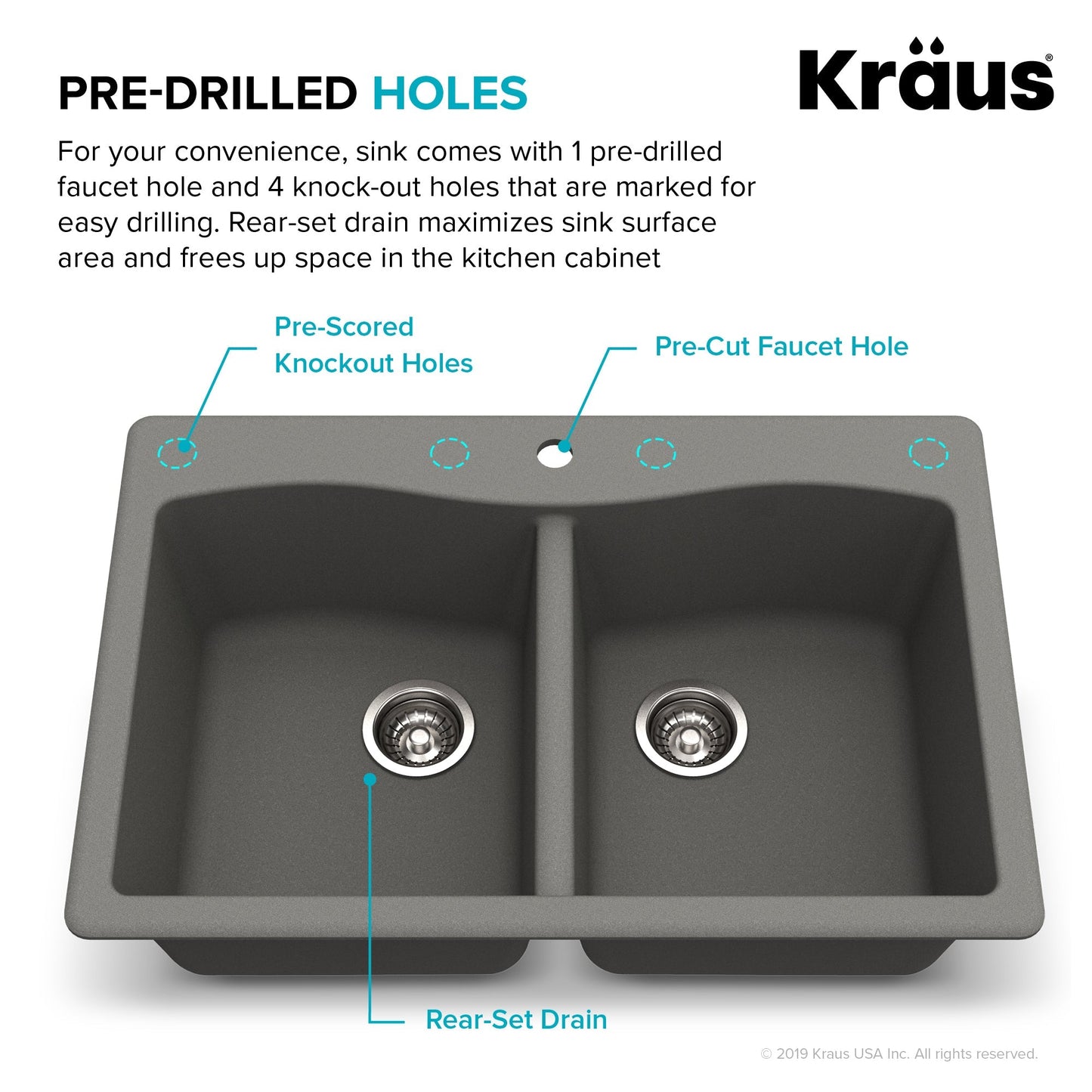 KRAUS Forteza 33" Dual Mount 50/50 Double Bowl Granite Kitchen Sink in Grey - KGD-52GREY