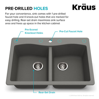 KRAUS Forteza 33" Dual Mount 50/50 Double Bowl Granite Kitchen Sink in Grey - KGD-52GREY