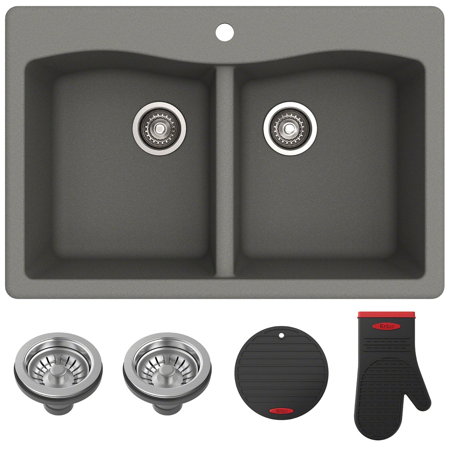 KRAUS Forteza 33" Dual Mount 50/50 Double Bowl Granite Kitchen Sink in Grey - KGD-52GREY