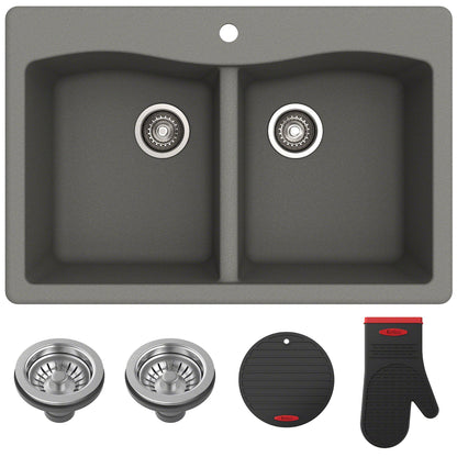 KRAUS Forteza 33" Dual Mount 50/50 Double Bowl Granite Kitchen Sink in Grey - KGD-52GREY