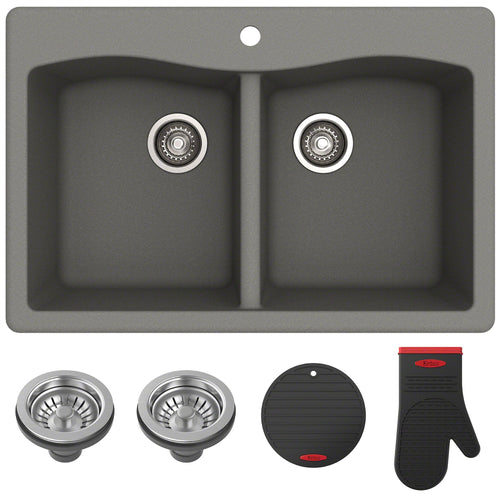 KRAUS Forteza 33" Dual Mount 50/50 Double Bowl Granite Kitchen Sink in Grey - KGD-52GREY