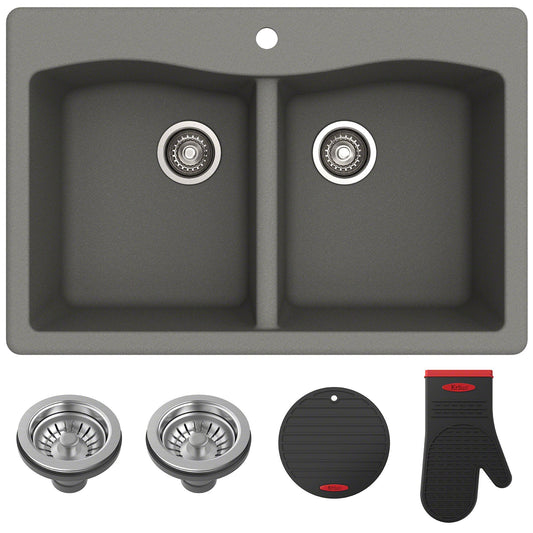 KRAUS Forteza 33" Dual Mount 50/50 Double Bowl Granite Kitchen Sink in Grey - KGD-52GREY