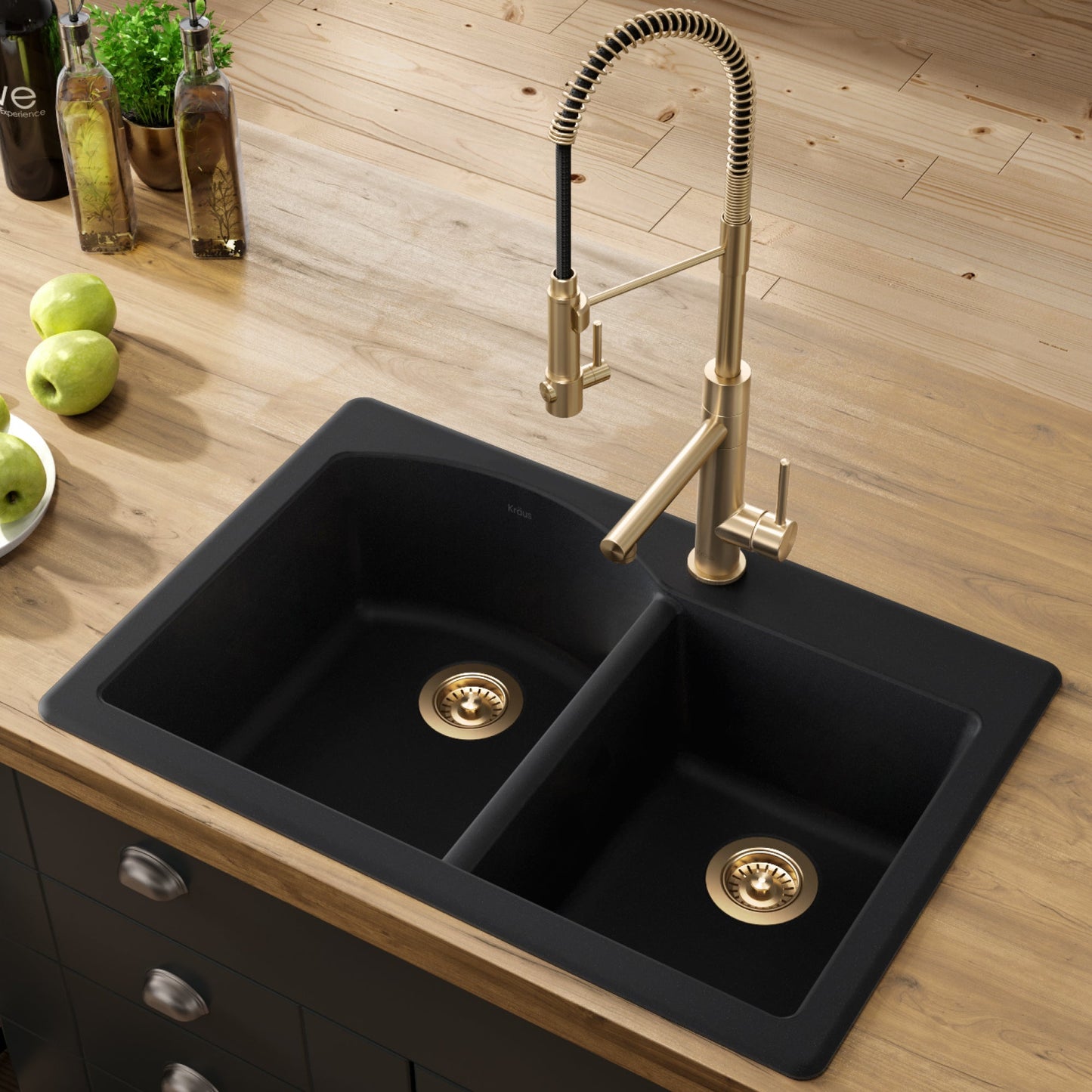 KRAUS Forteza 33" Dual Mount 60/40 Double Bowl Granite Kitchen Sink in Black - KGD-50BLACK