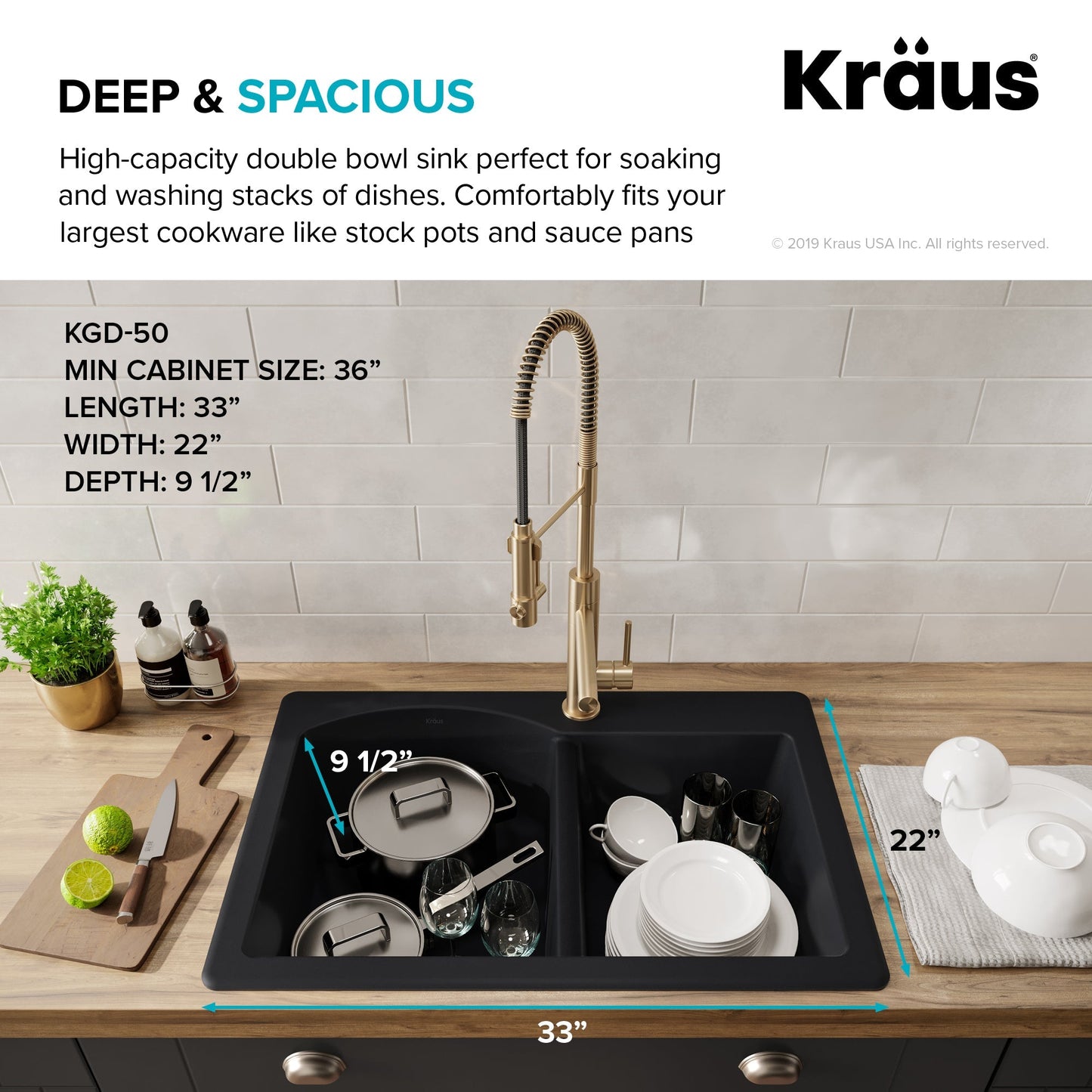 KRAUS Forteza 33" Dual Mount 60/40 Double Bowl Granite Kitchen Sink in Black - KGD-50BLACK