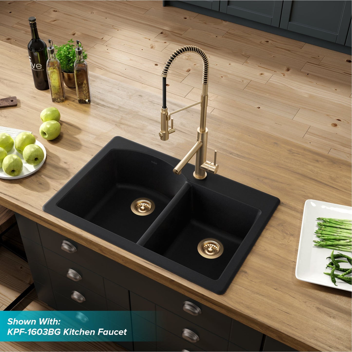 KRAUS Forteza 33" Dual Mount 60/40 Double Bowl Granite Kitchen Sink in Black - KGD-50BLACK