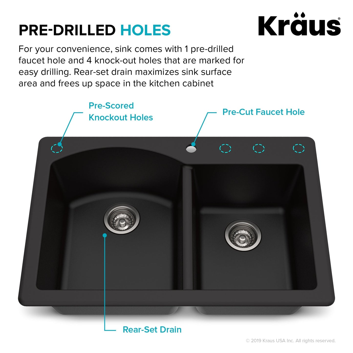 KRAUS Forteza 33" Dual Mount 60/40 Double Bowl Granite Kitchen Sink in Black - KGD-50BLACK