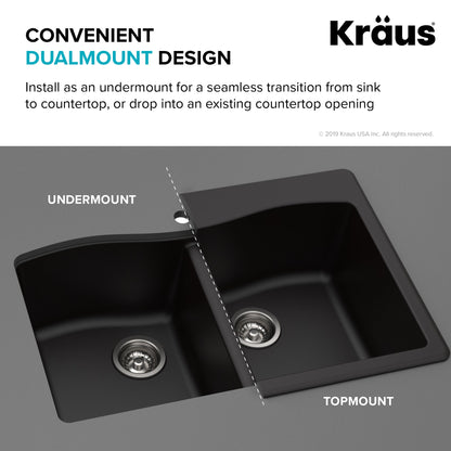 KRAUS Forteza 33" Dual Mount 60/40 Double Bowl Granite Kitchen Sink in Black - KGD-50BLACK