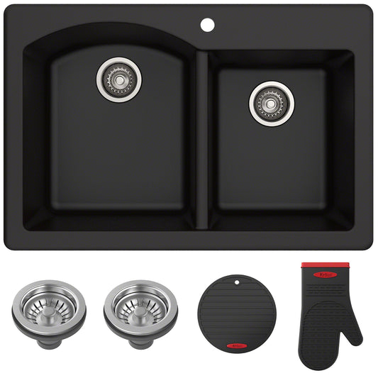 KRAUS Forteza 33" Dual Mount 60/40 Double Bowl Granite Kitchen Sink in Black - KGD-50BLACK