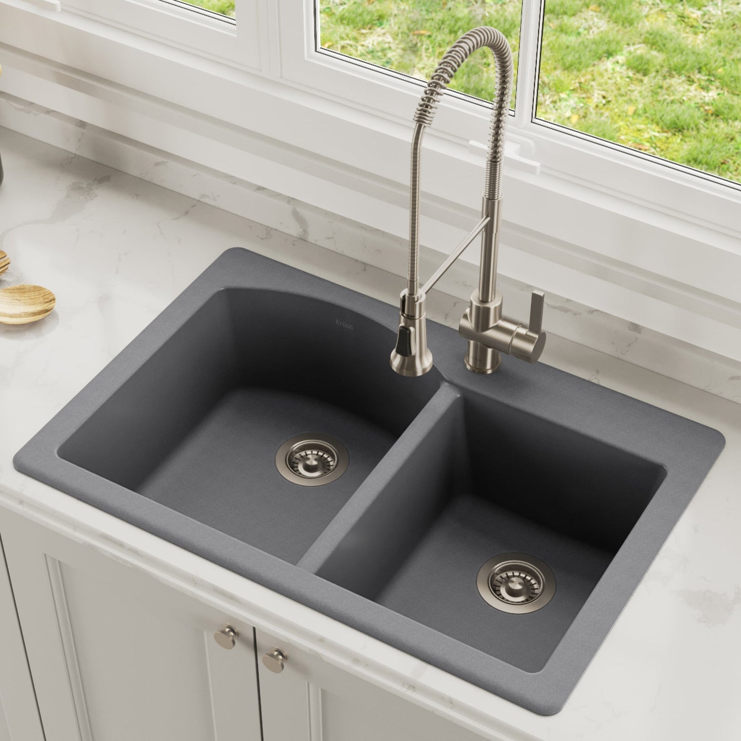 KRAUS Forteza 33" Dual Mount 60/40 Double Bowl Granite Kitchen Sink in Grey - KGD-50GREY