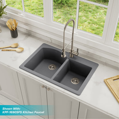 KRAUS Forteza 33" Dual Mount 60/40 Double Bowl Granite Kitchen Sink in Grey - KGD-50GREY