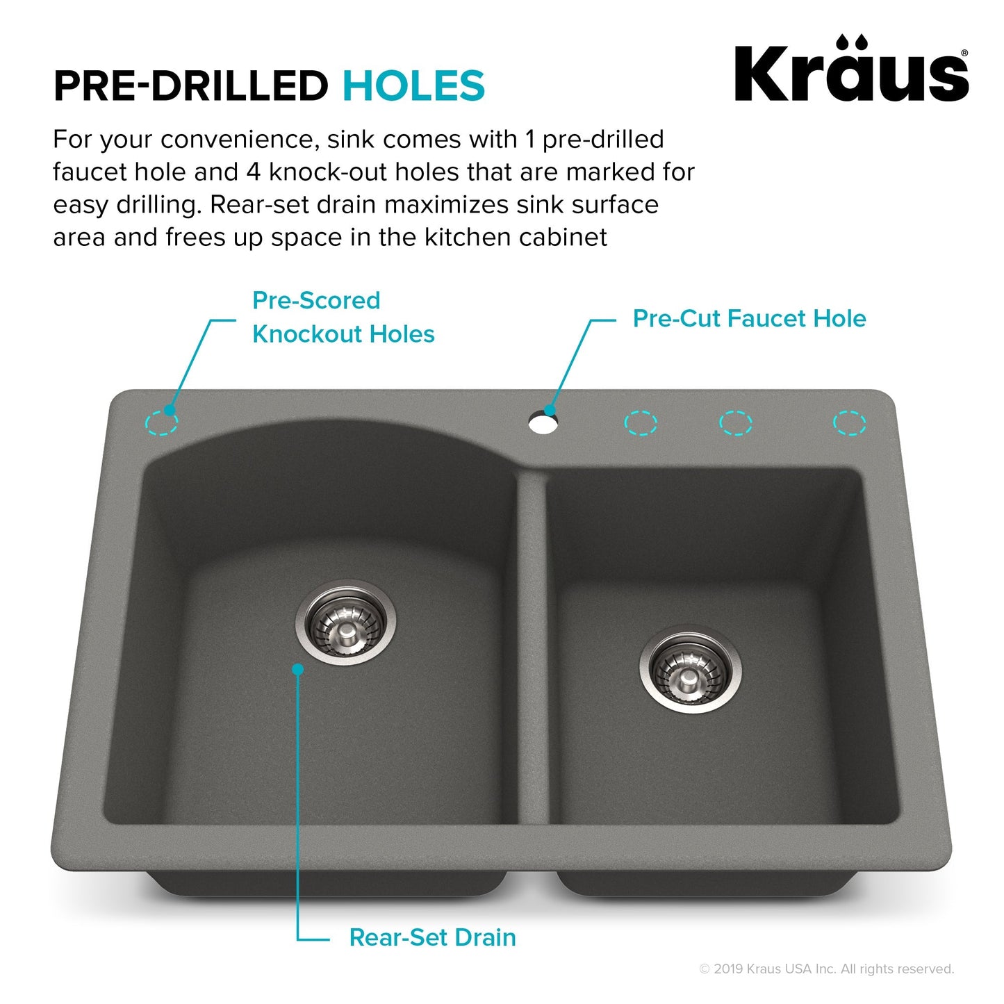 KRAUS Forteza 33" Dual Mount 60/40 Double Bowl Granite Kitchen Sink in Grey - KGD-50GREY