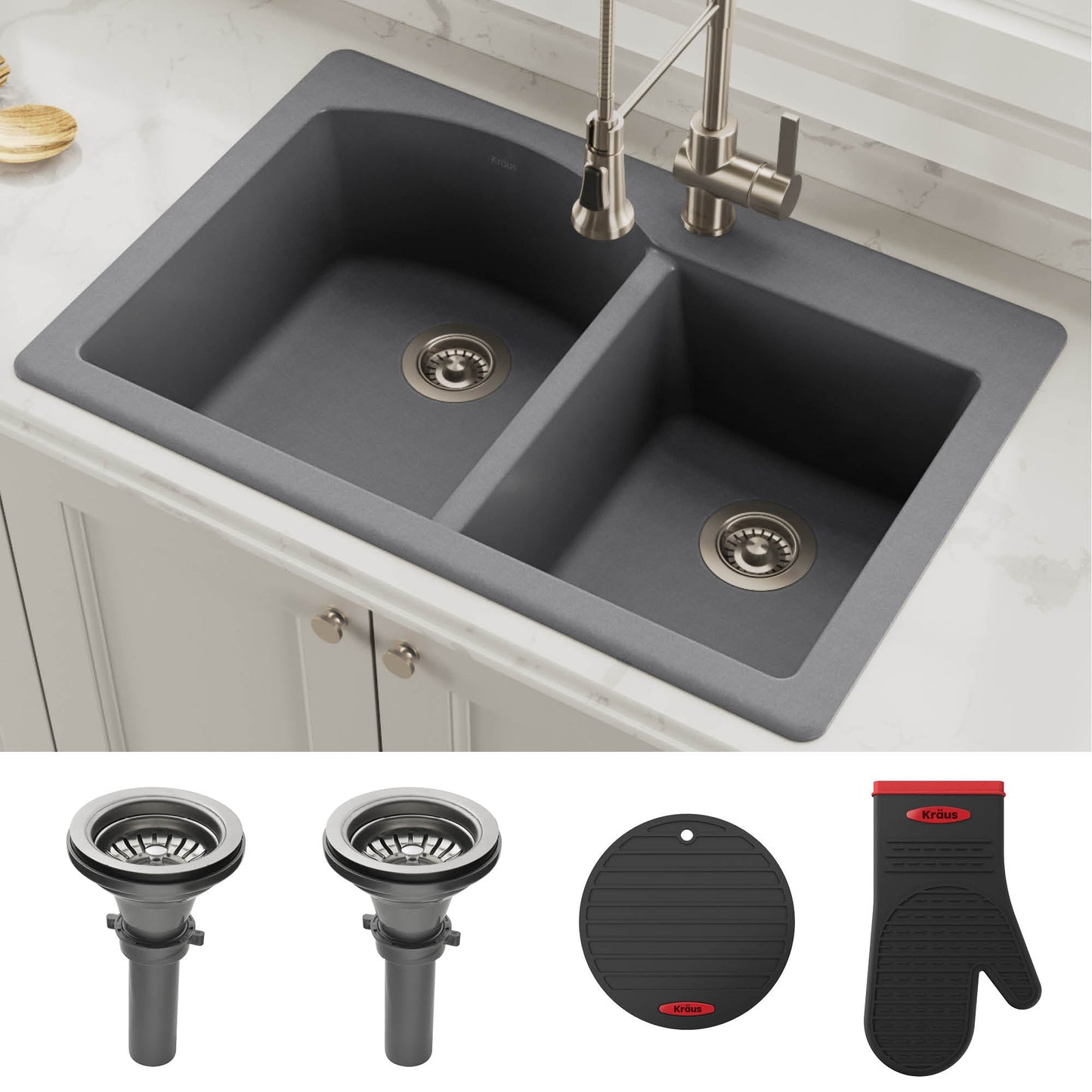 KRAUS Forteza 33" Dual Mount 60/40 Double Bowl Granite Kitchen Sink in Grey - KGD-50GREY