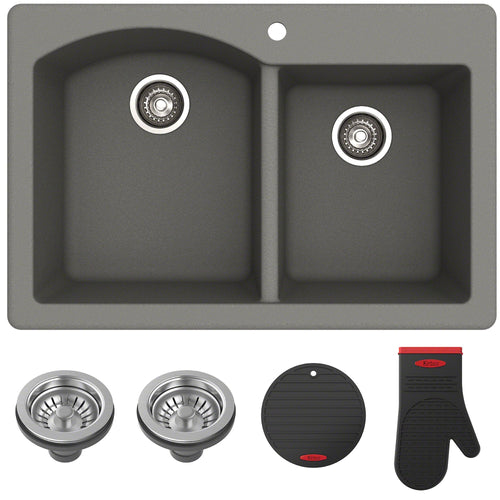 KRAUS Forteza 33" Dual Mount 60/40 Double Bowl Granite Kitchen Sink in Grey - KGD-50GREY