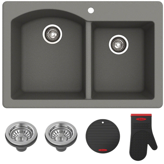 KRAUS Forteza 33" Dual Mount 60/40 Double Bowl Granite Kitchen Sink in Grey - KGD-50GREY