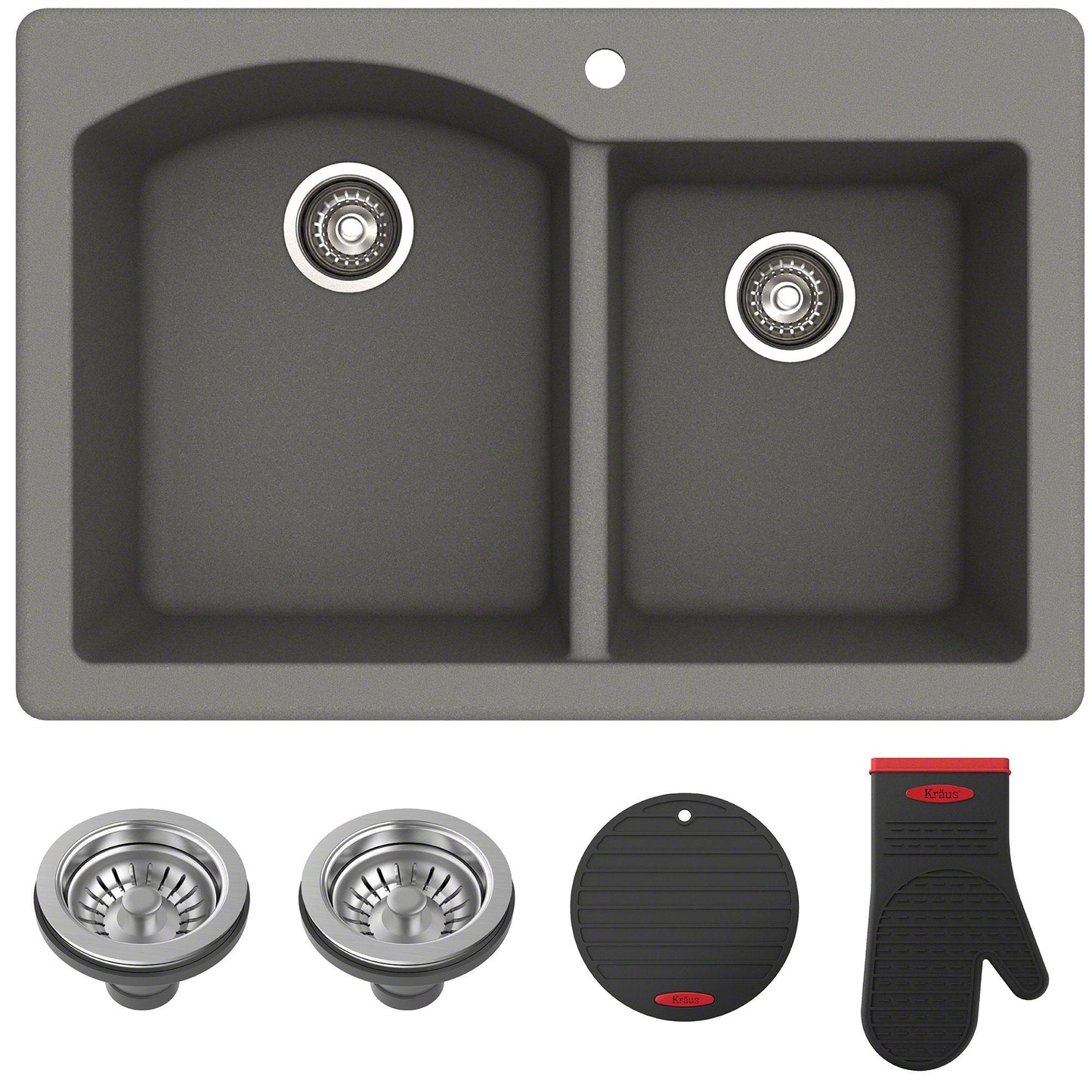 KRAUS Forteza 33" Dual Mount 60/40 Double Bowl Granite Kitchen Sink in Grey - KGD-50GREY