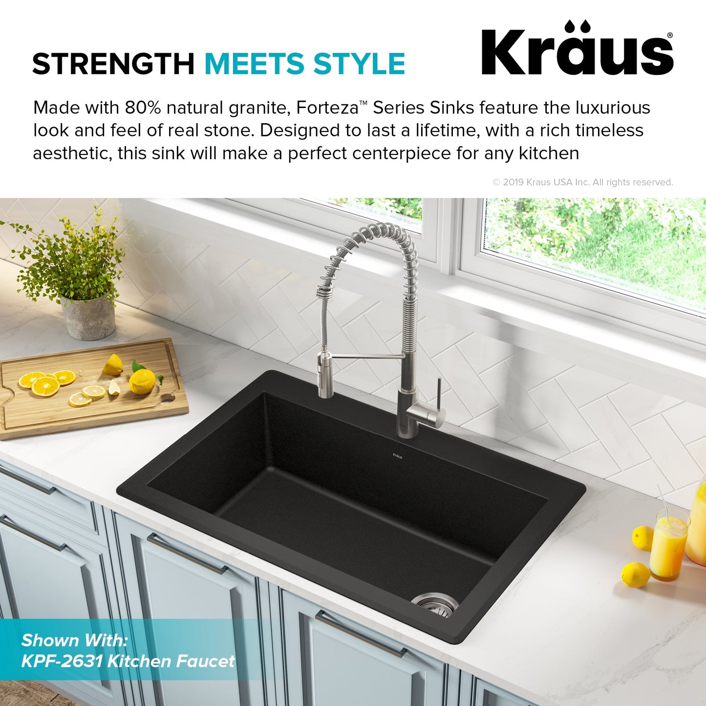 KRAUS Forteza 33" Dual Mount Single Bowl Black Granite Kitchen Sink in Black - KGD-54BLACK