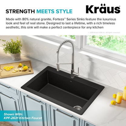 KRAUS Forteza 33" Dual Mount Single Bowl Black Granite Kitchen Sink in Black - KGD-54BLACK