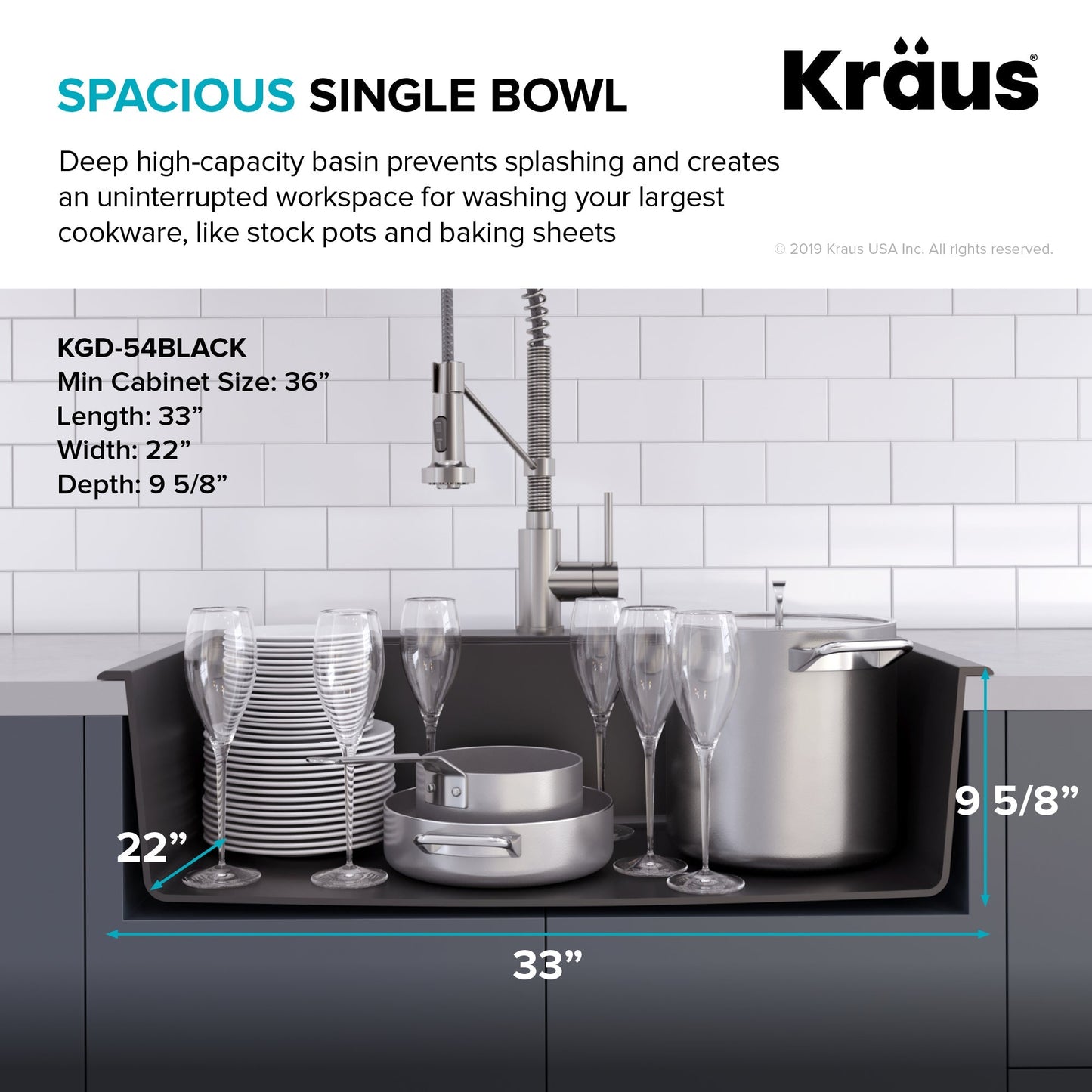 KRAUS Forteza 33" Dual Mount Single Bowl Black Granite Kitchen Sink in Black - KGD-54BLACK
