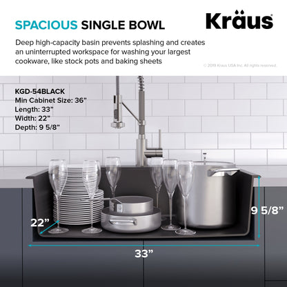 KRAUS Forteza 33" Dual Mount Single Bowl Black Granite Kitchen Sink in Black - KGD-54BLACK