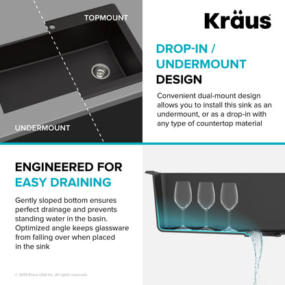 KRAUS Forteza 33" Dual Mount Single Bowl Black Granite Kitchen Sink in Black - KGD-54BLACK