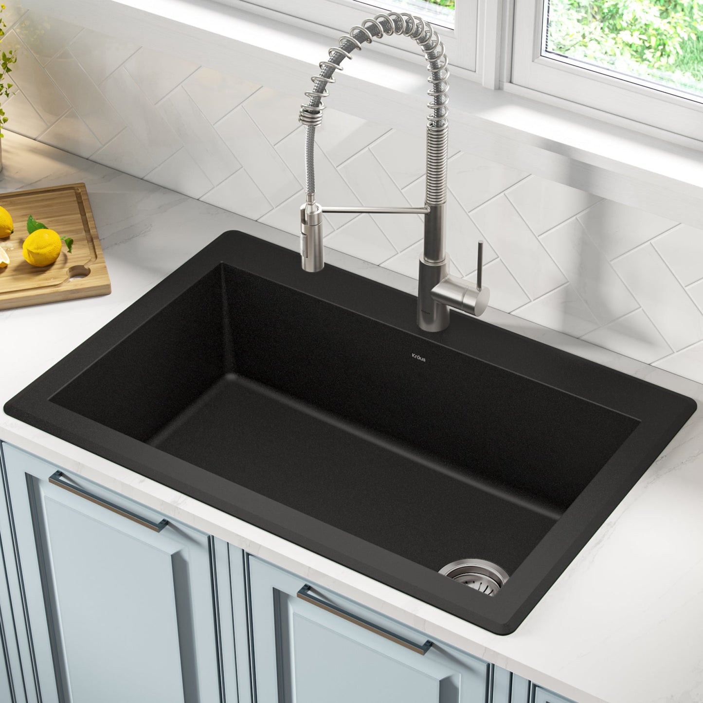 KRAUS Forteza 33" Dual Mount Single Bowl Black Granite Kitchen Sink in Black - KGD-54BLACK