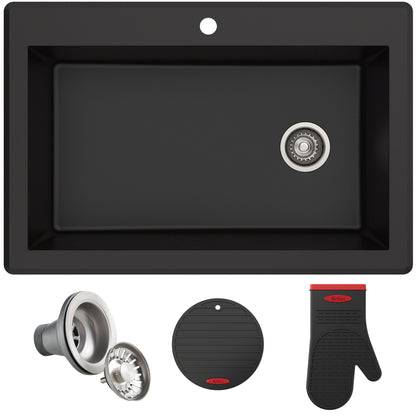 KRAUS Forteza 33" Dual Mount Single Bowl Black Granite Kitchen Sink in Black - KGD-54BLACK