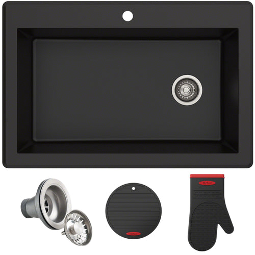 KRAUS Forteza 33" Dual Mount Single Bowl Black Granite Kitchen Sink in Black - KGD-54BLACK