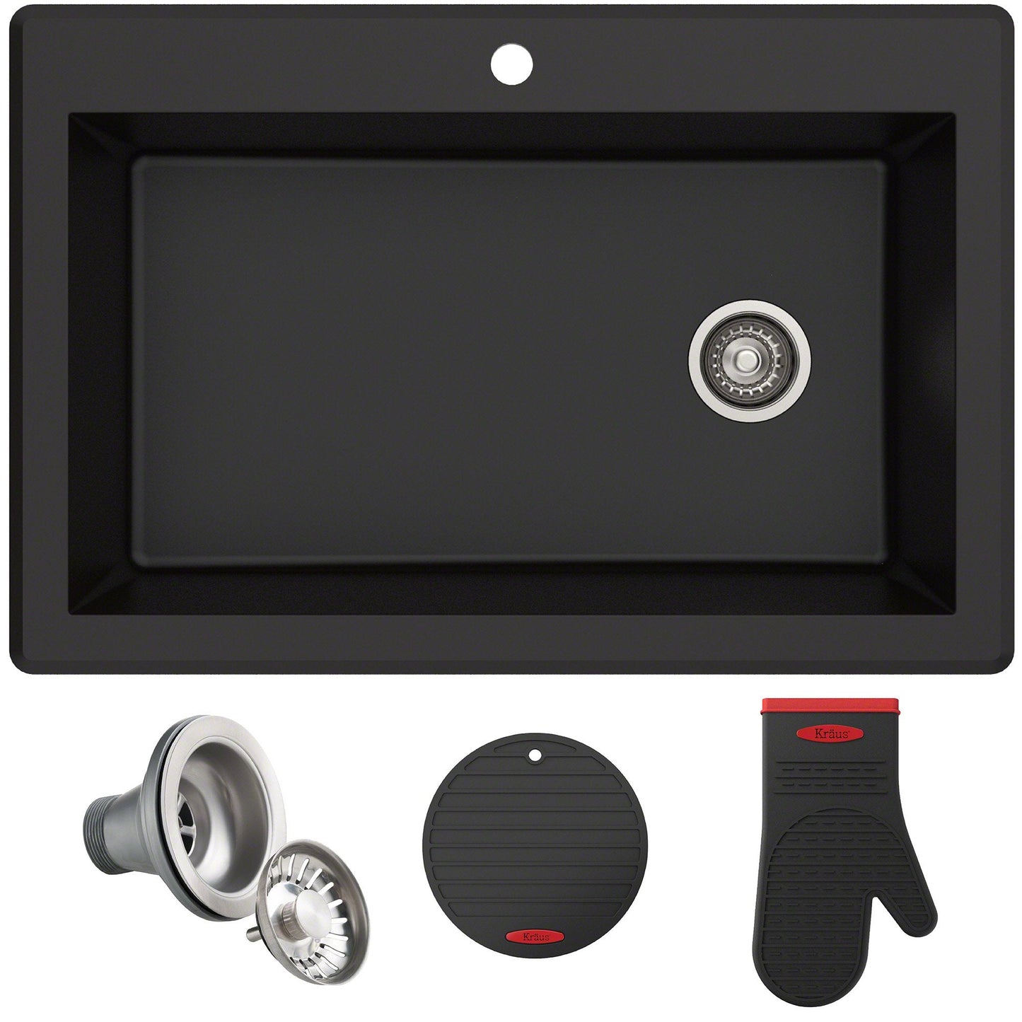 KRAUS Forteza 33" Dual Mount Single Bowl Black Granite Kitchen Sink in Black - KGD-54BLACK