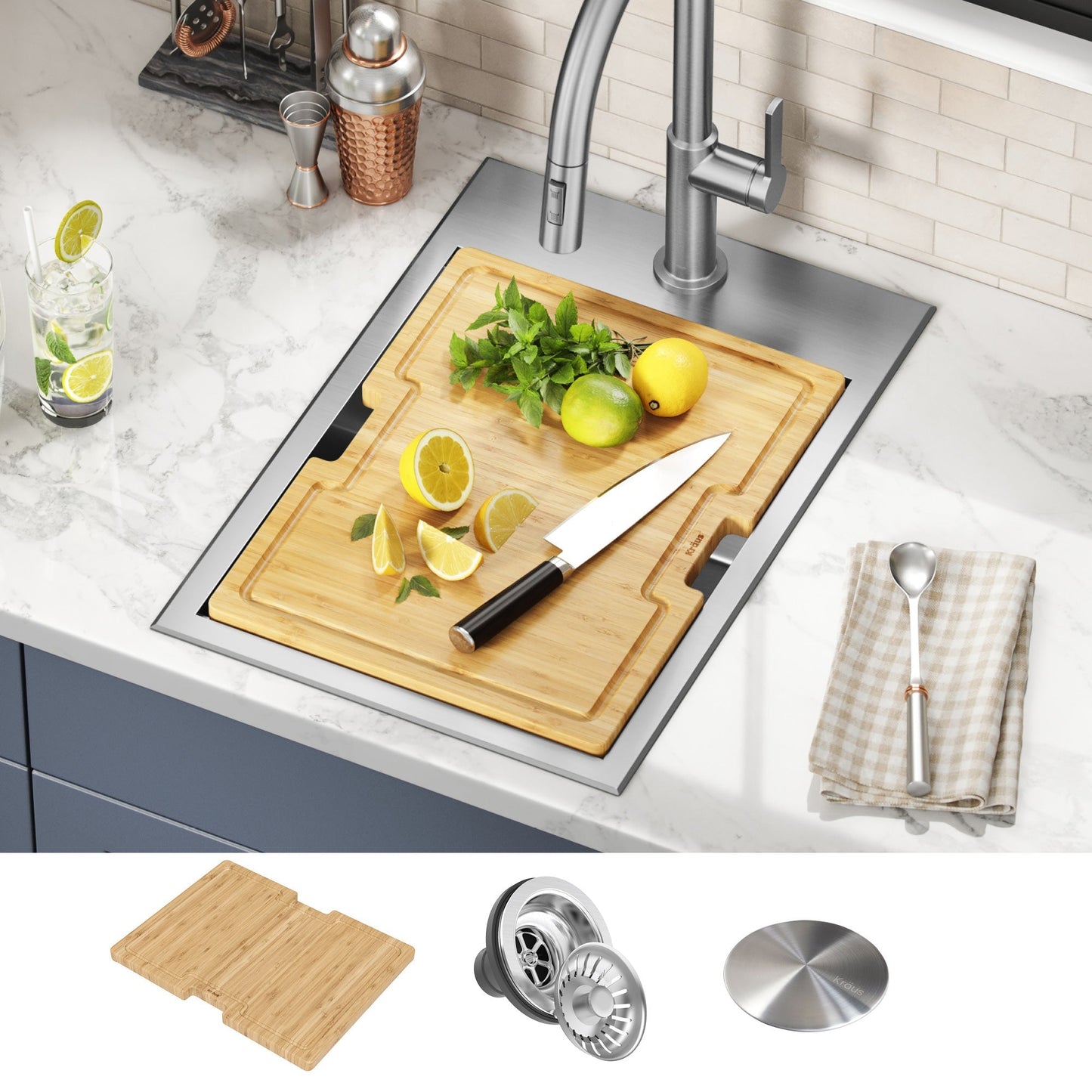 KRAUS Kore 15" Drop-In Workstation 16 Gauge Stainless Steel Single Bowl Kitchen Bar Sink with Accessories - KWT311-15