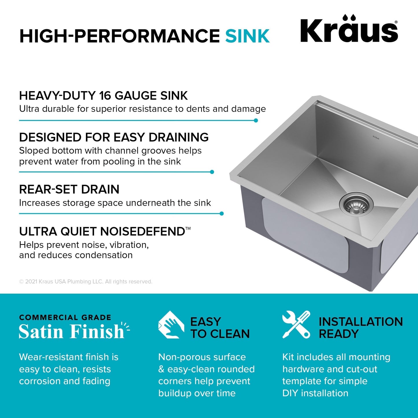 KRAUS Kore 21" Undermount Workstation 16 Gauge Stainless Steel Single Bowl Kitchen Sink with Accessories