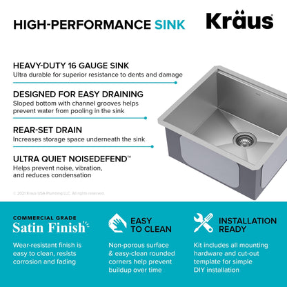 KRAUS Kore 21" Undermount Workstation 16 Gauge Stainless Steel Single Bowl Kitchen Sink with Accessories