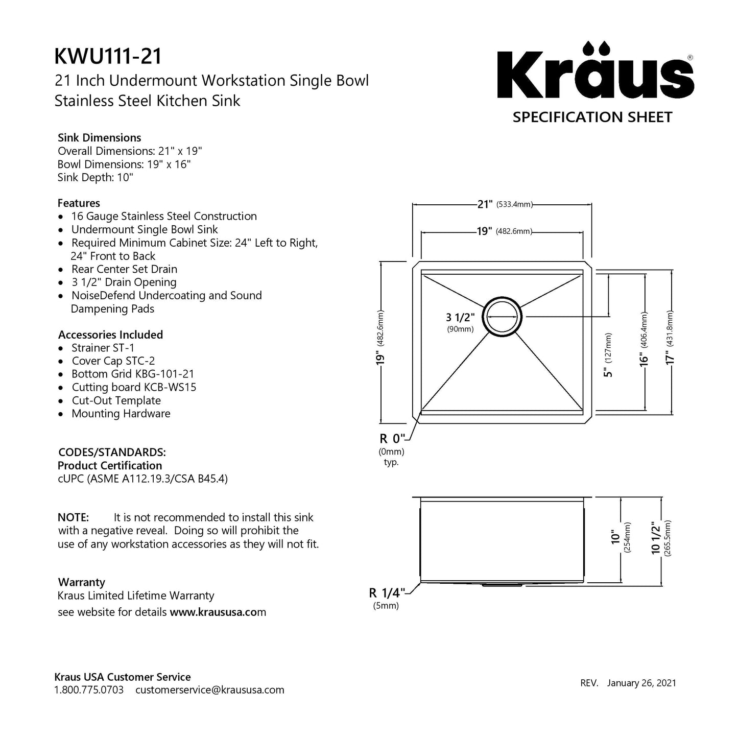 KRAUS Kore 21" Undermount Workstation 16 Gauge Stainless Steel Single Bowl Kitchen Sink with Accessories