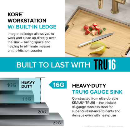 KRAUS Kore 21" Undermount Workstation 16 Gauge Stainless Steel Single Bowl Kitchen Sink with Accessories