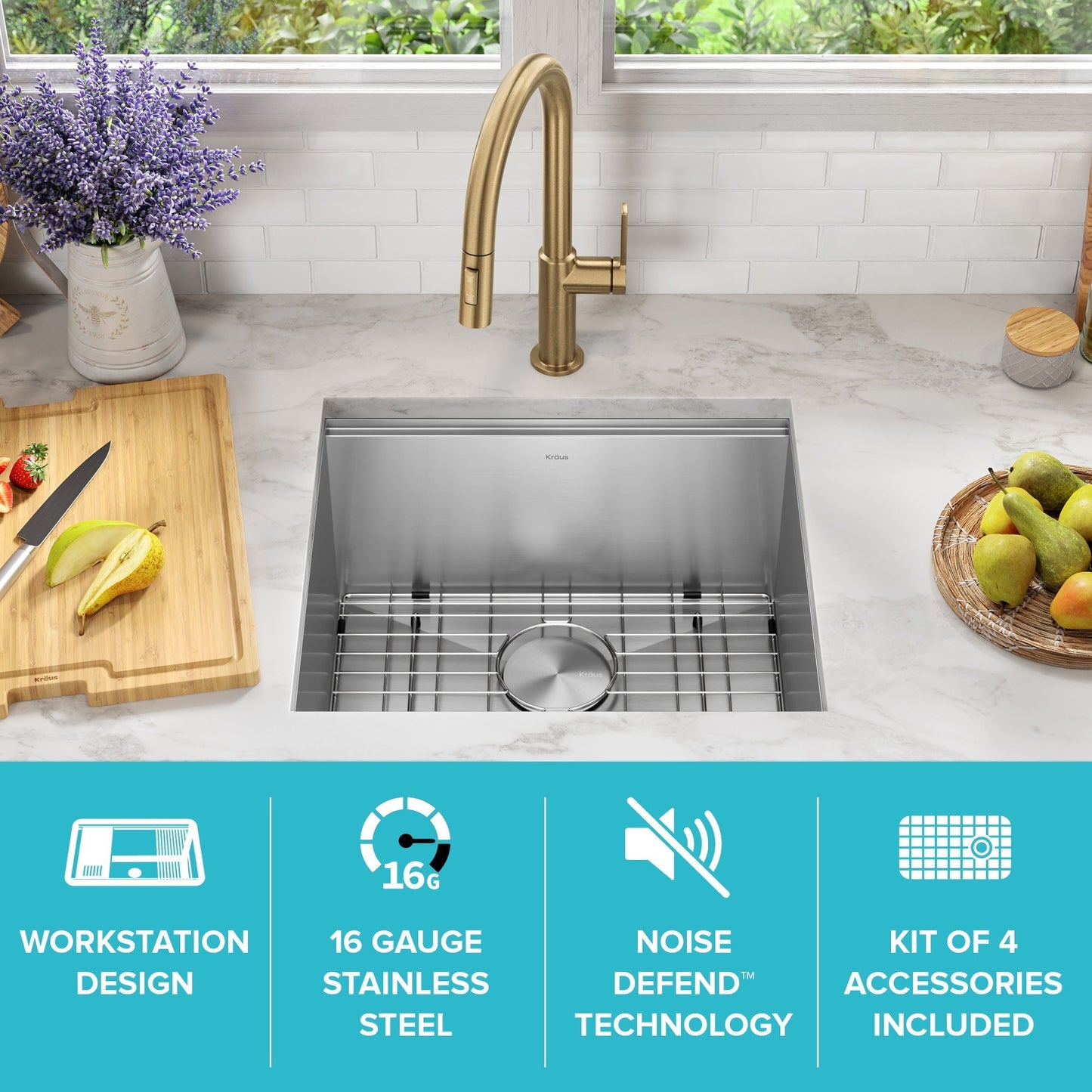 KRAUS Kore 21" Undermount Workstation 16 Gauge Stainless Steel Single Bowl Kitchen Sink with Accessories