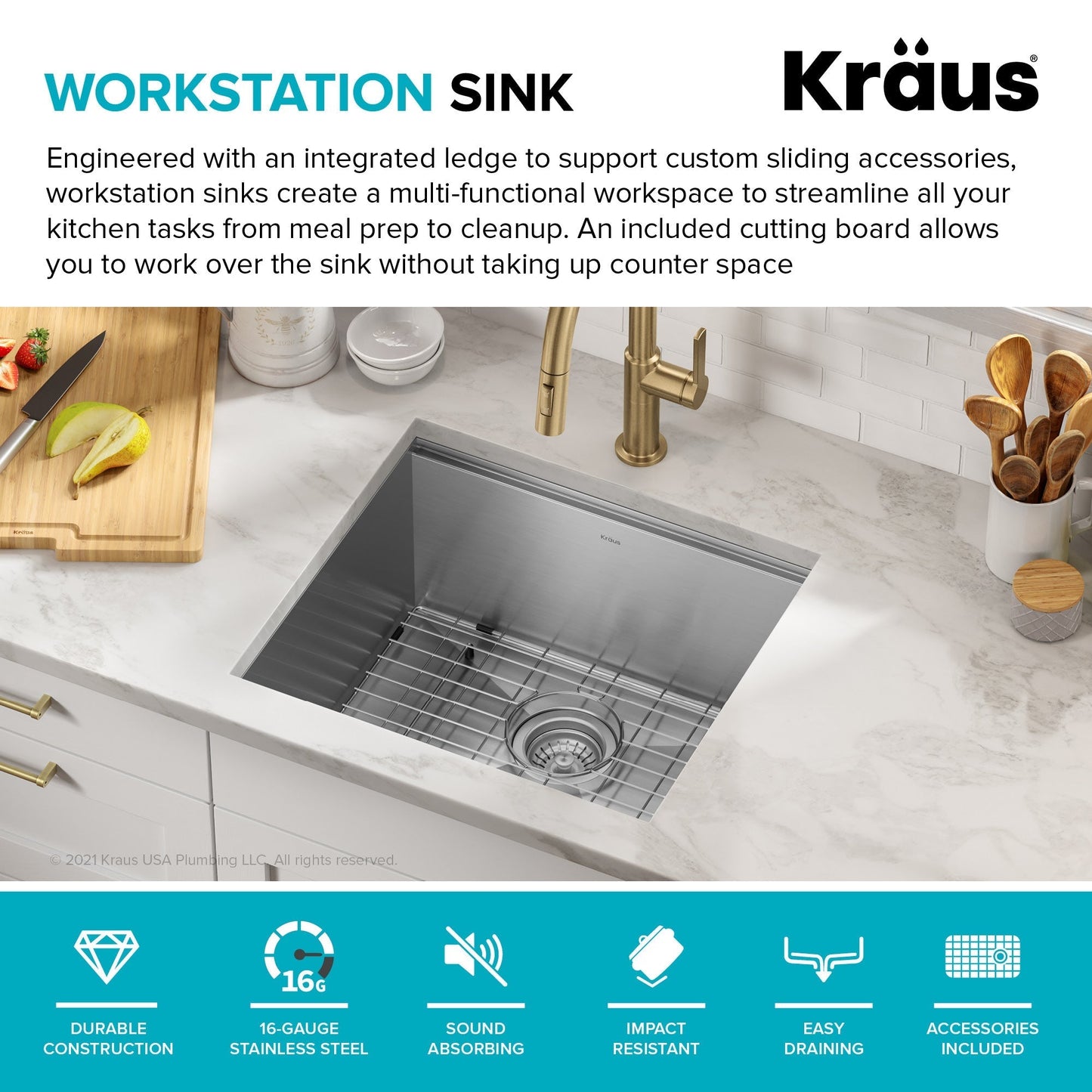 KRAUS Kore 21" Undermount Workstation 16 Gauge Stainless Steel Single Bowl Kitchen Sink with Accessories