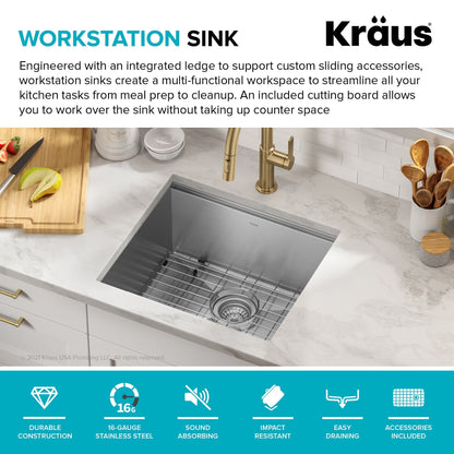 KRAUS Kore 21" Undermount Workstation 16 Gauge Stainless Steel Single Bowl Kitchen Sink with Accessories