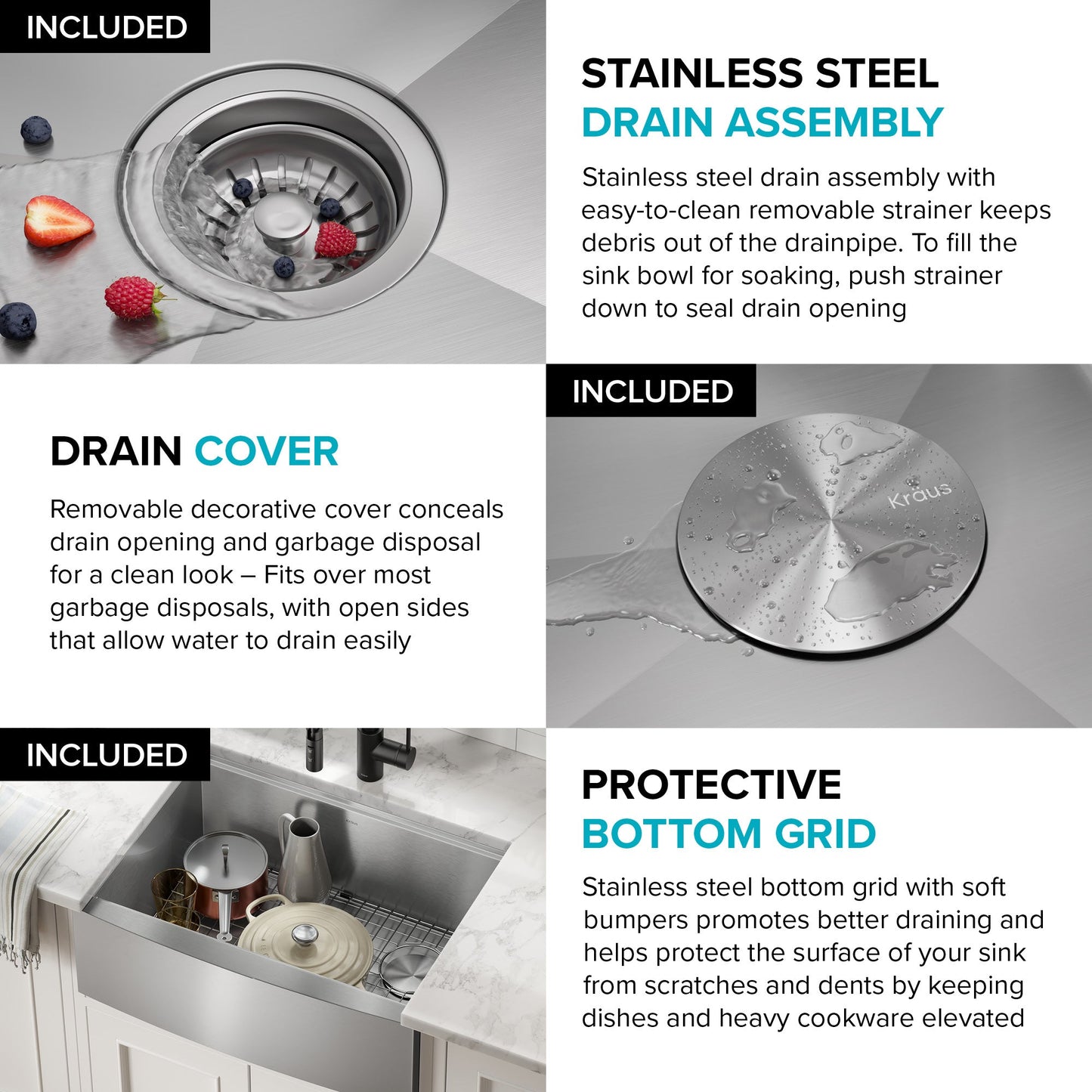 KRAUS Kore 24" Apron Front Workstation 16 Gauge Stainless Steel Single Bowl Kitchen Sink with Accessories