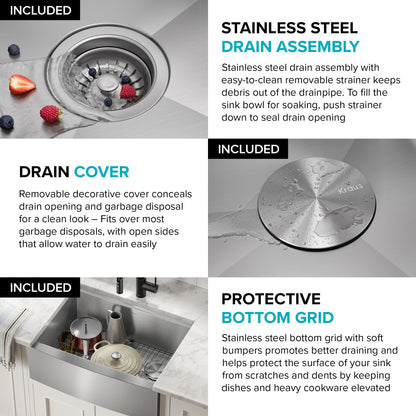 KRAUS Kore 24" Apron Front Workstation 16 Gauge Stainless Steel Single Bowl Kitchen Sink with Accessories