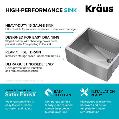 KRAUS Kore 24" Apron Front Workstation 16 Gauge Stainless Steel Single Bowl Kitchen Sink with Accessories