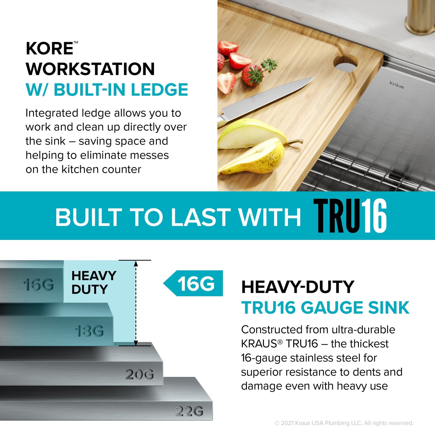 KRAUS Kore 24" Apron Front Workstation 16 Gauge Stainless Steel Single Bowl Kitchen Sink with Accessories