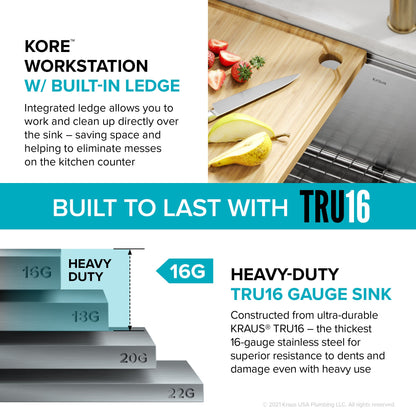 KRAUS Kore 24" Apron Front Workstation 16 Gauge Stainless Steel Single Bowl Kitchen Sink with Accessories